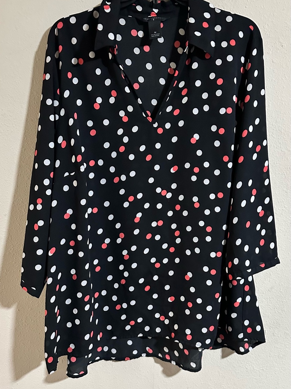 Investments Black Blouse with Coral and White Polka Dots